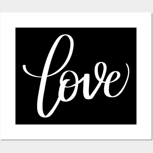 Love in White Modern Calligraphy Hand Lettering Design with Black Background Posters and Art